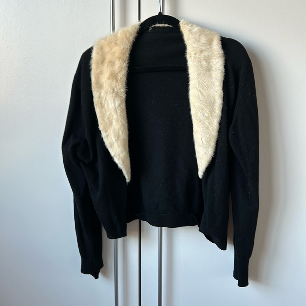 Vintage Rabbit Fur Trimmed Black Cardigan